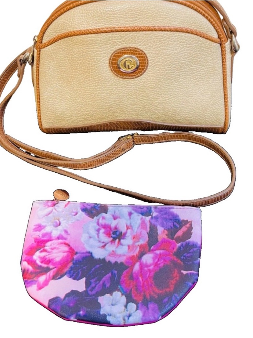 Carryland Vintage Cream Dome Pebbled Faux Leather Crossbody & Ipsy Floral Bag